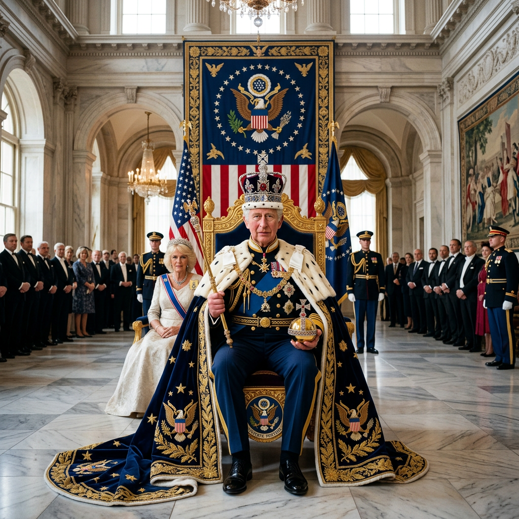 King in royal regalia seated on ornate throne with queen and attendees in formal attire