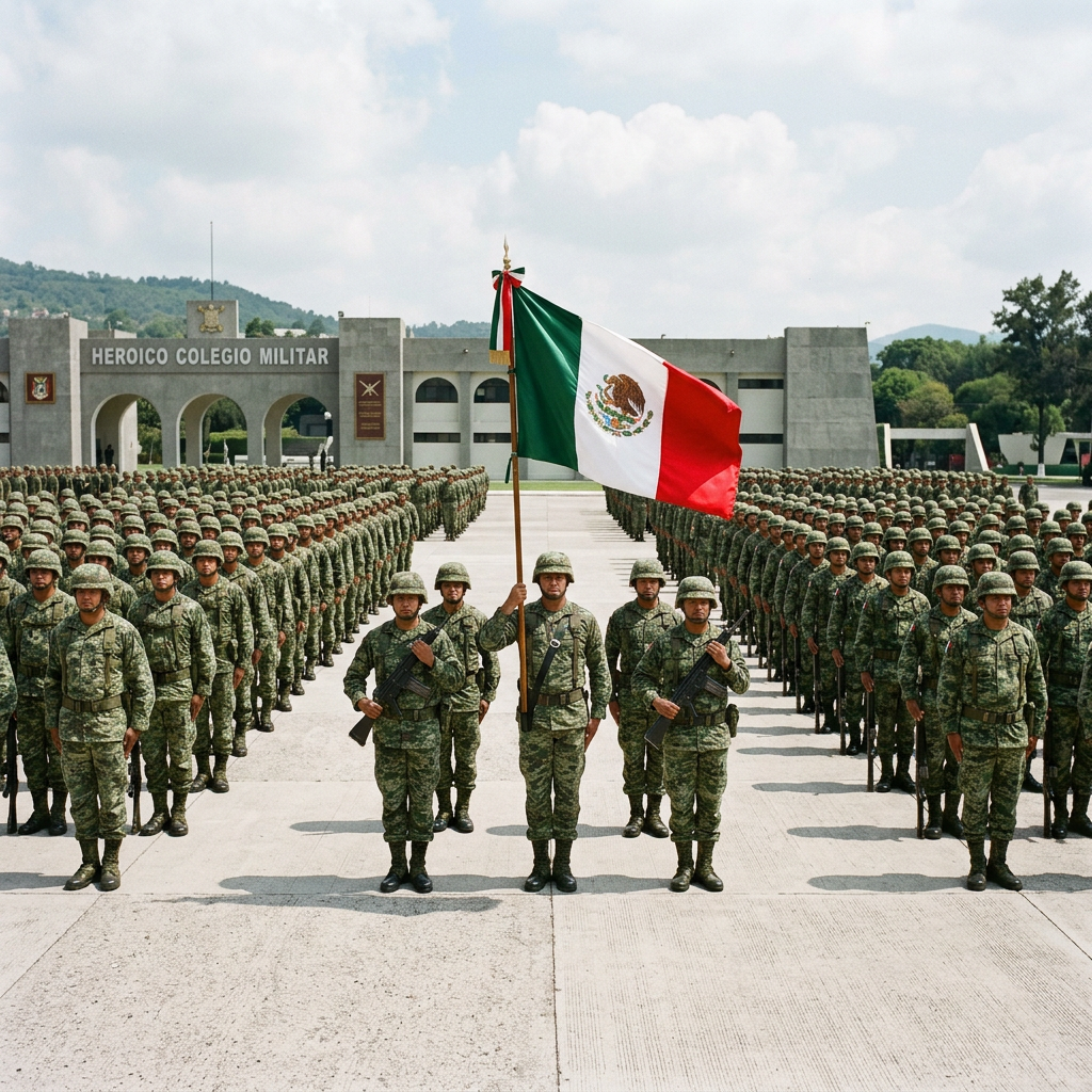 Group of soldiers in green camouflage uniforms standing in formation with one holding the Mexican flag in front of Heroico Colegio Militar building