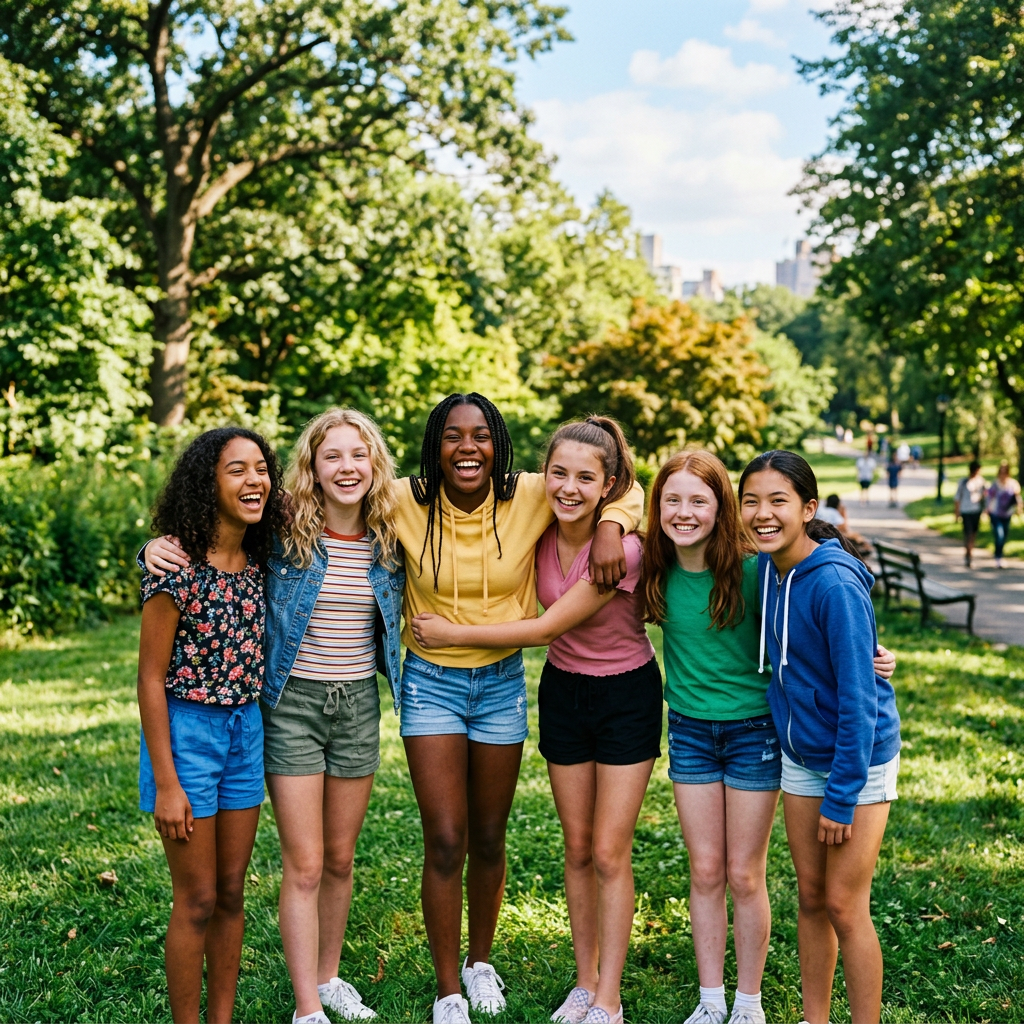 Six smiling girls standing close together in a green park with trees
