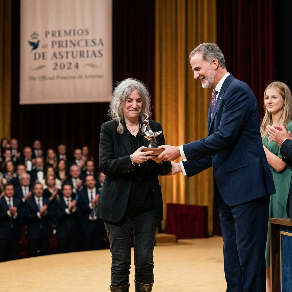 Person receiving a Premio Princesa de Asturias 2024 award on stage from a man in a suit