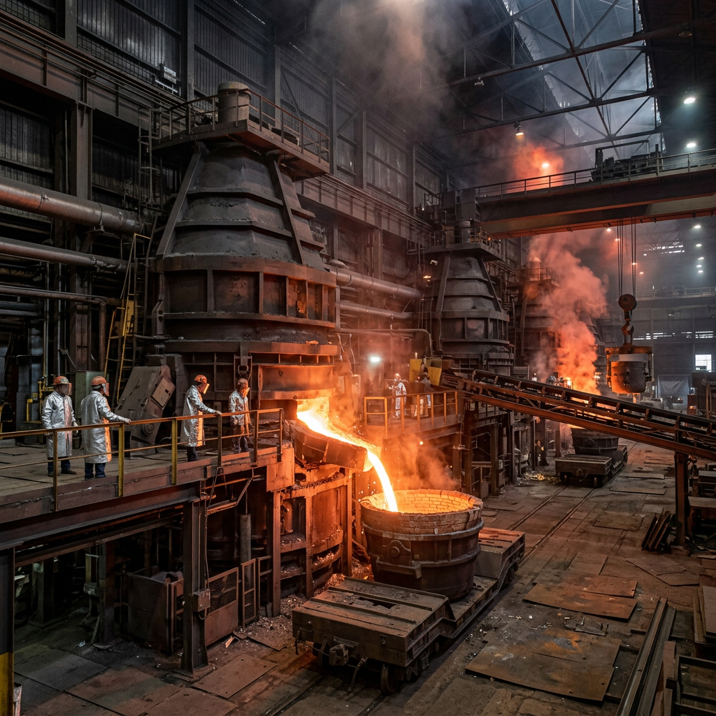 Workers in protective gear pouring molten metal from a furnace into a large container in an industrial steel foundry.