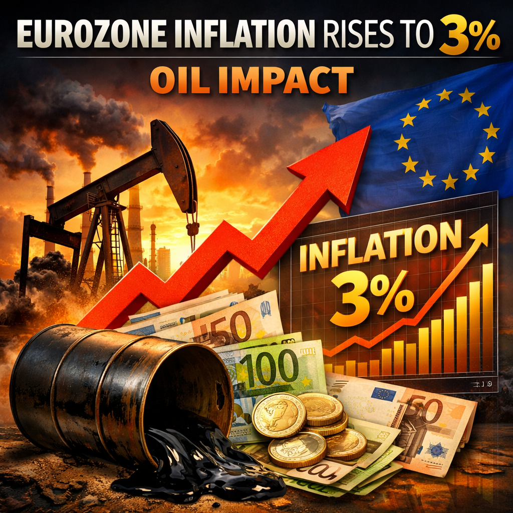 Oil barrel spilling, euro banknotes, coins, oil pump, EU flag, inflation graph showing 3% increase