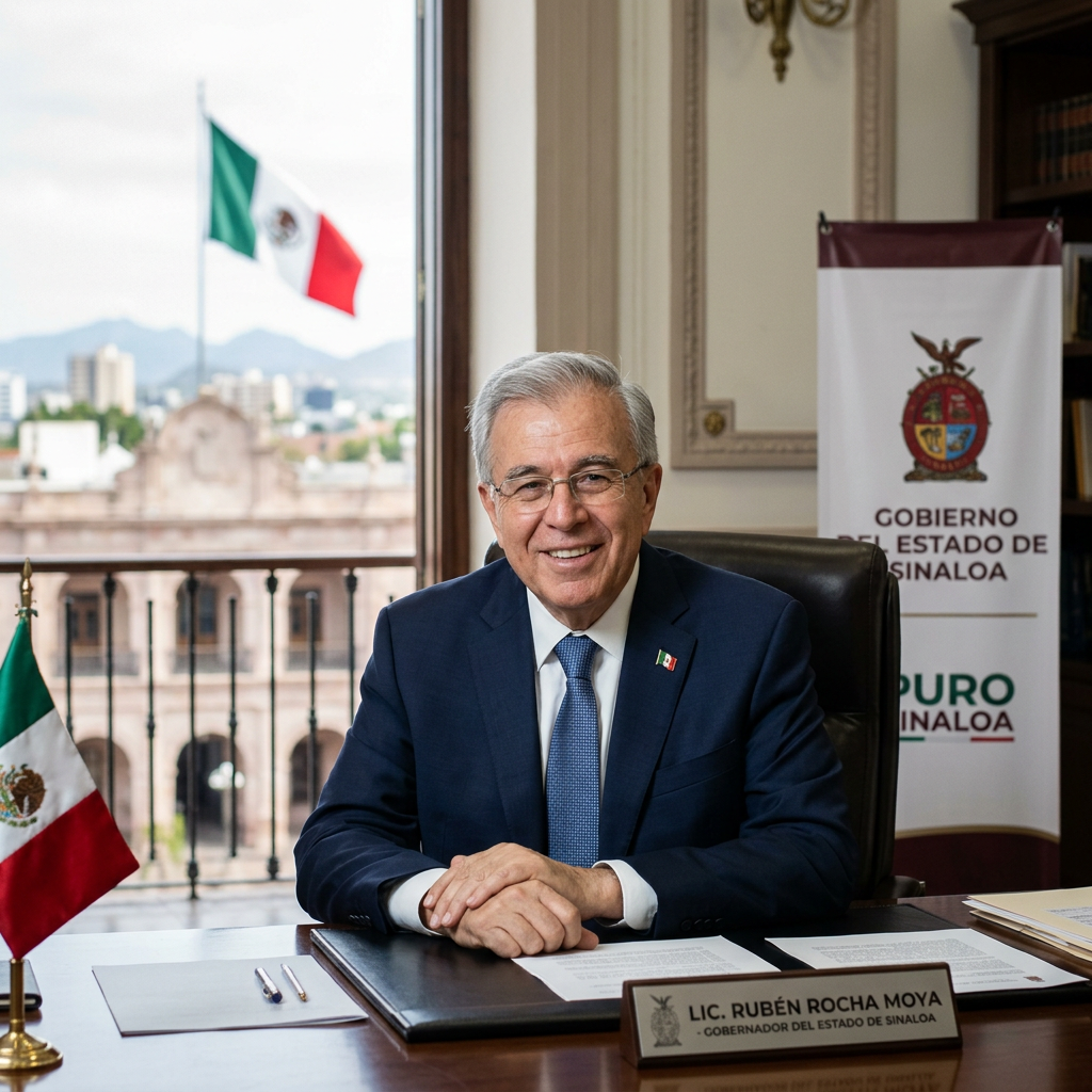 Lic. Rubén Rocha Moya seated at desk with Mexican flags and Sinaloa government banner