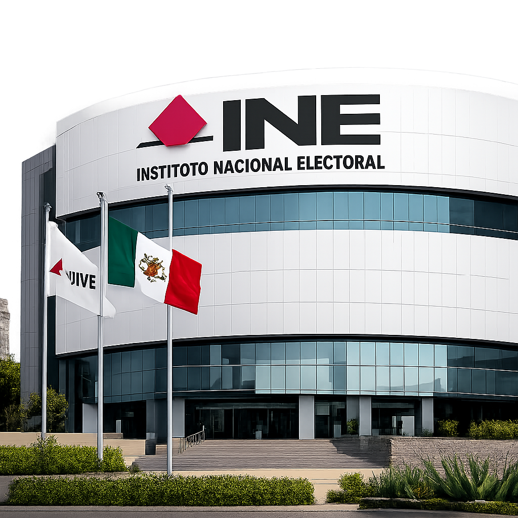 Instituto Nacional Electoral building facade with Mexican and INE flags