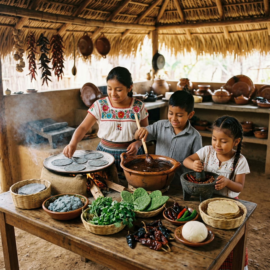 Children cooking tortillas and preparing sauce in a traditional Mexican kitchen