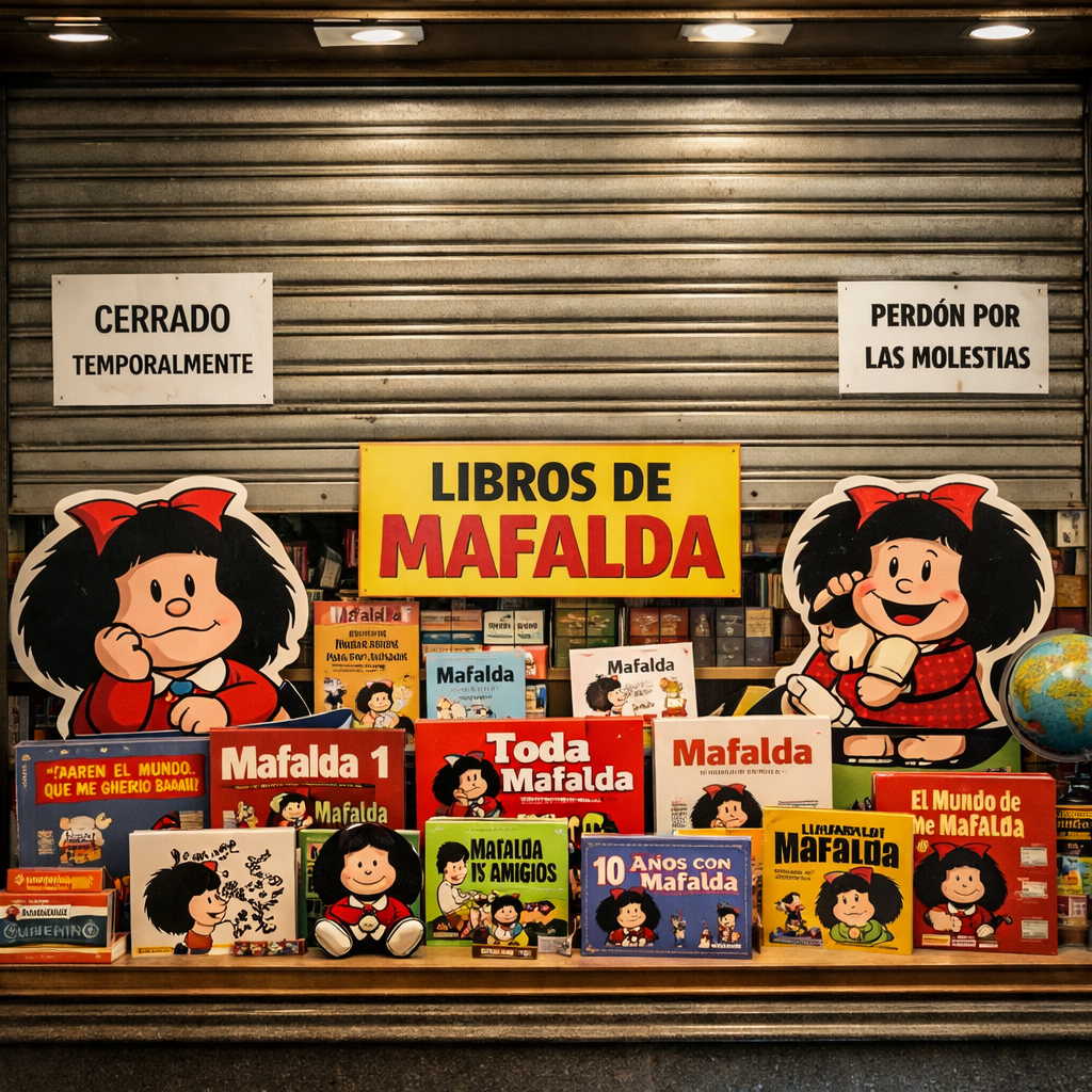 Display of Mafalda books with 'Closed Temporarily' and apology signs