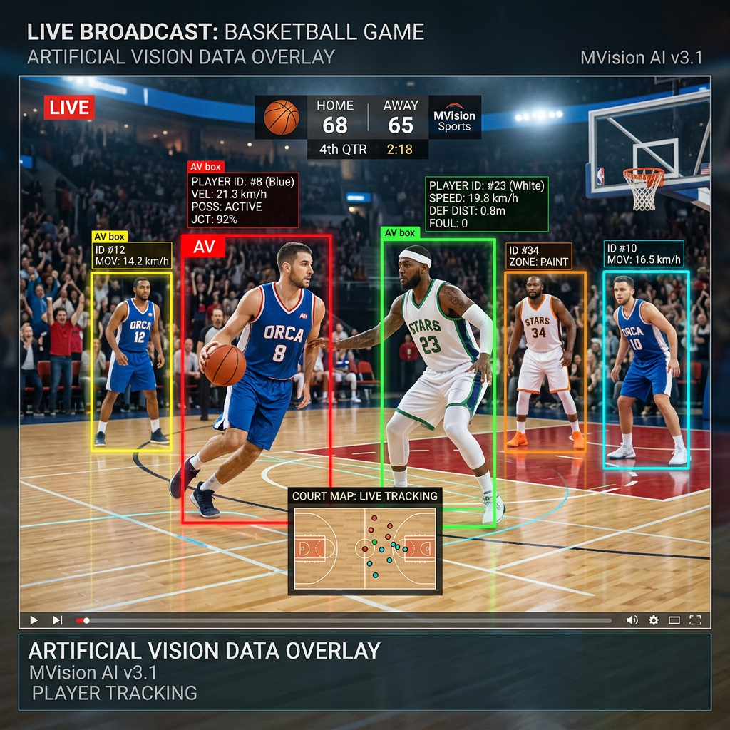 Live basketball game with AI overlay showing player IDs, speeds, and positions on court