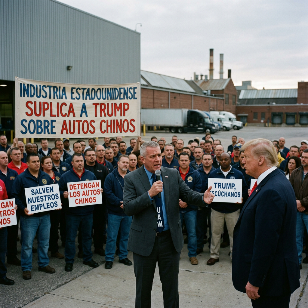 Group of auto workers with signs appealing to Trump about Chinese cars