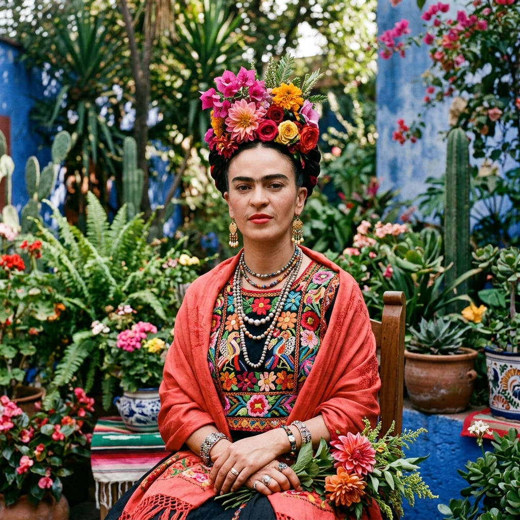 Frida Kahlo seated in garden wearing floral headdress and embroidered dress