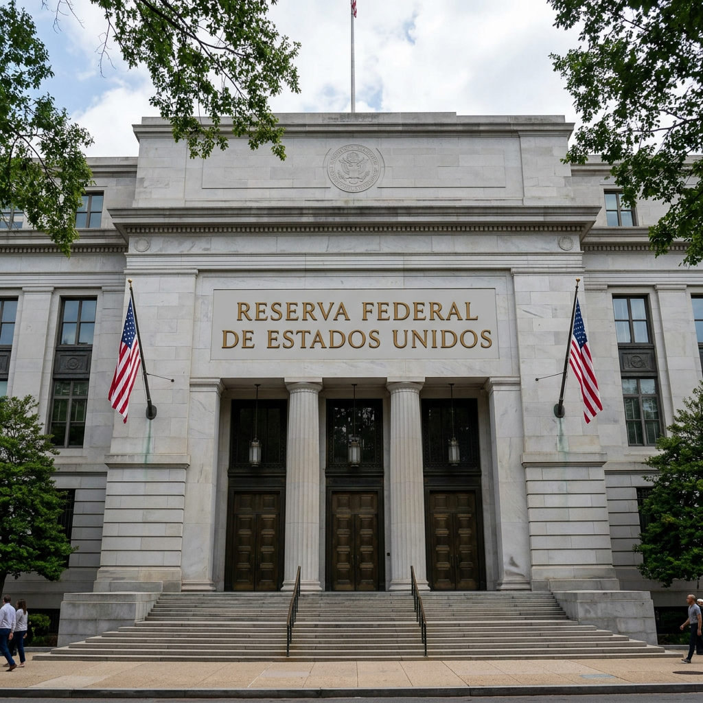 Entrance of the United States Federal Reserve building with sign reading 'RESERVA FEDERAL DE ESTADOS UNIDOS' in Spanish