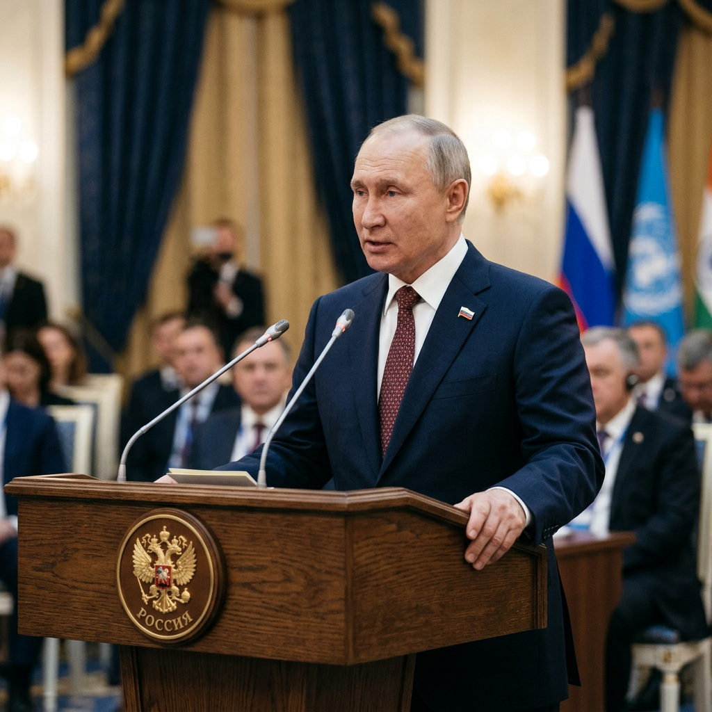 Russian official giving a speech at a podium with Russia emblem and international flags behind
