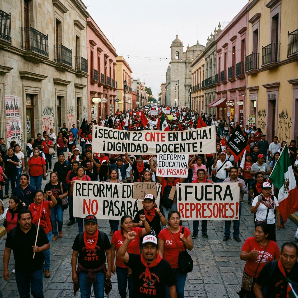 Large group of teachers protesting with signs against education reforms and for teacher dignity
