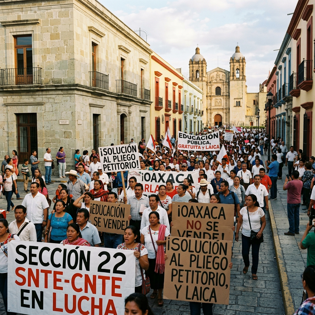 Crowd protesting in Oaxaca for free, public, and secular education