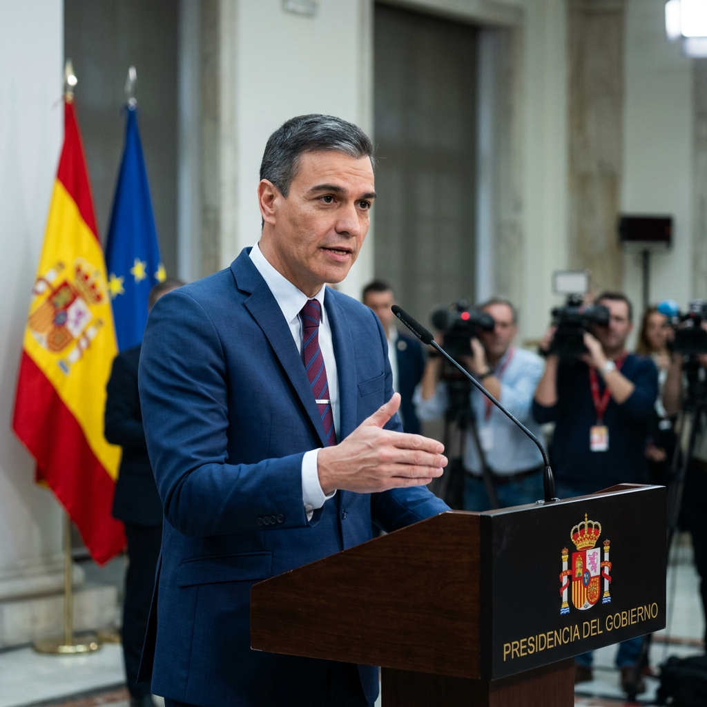 Spanish Prime Minister speaking at podium with flags and media in background