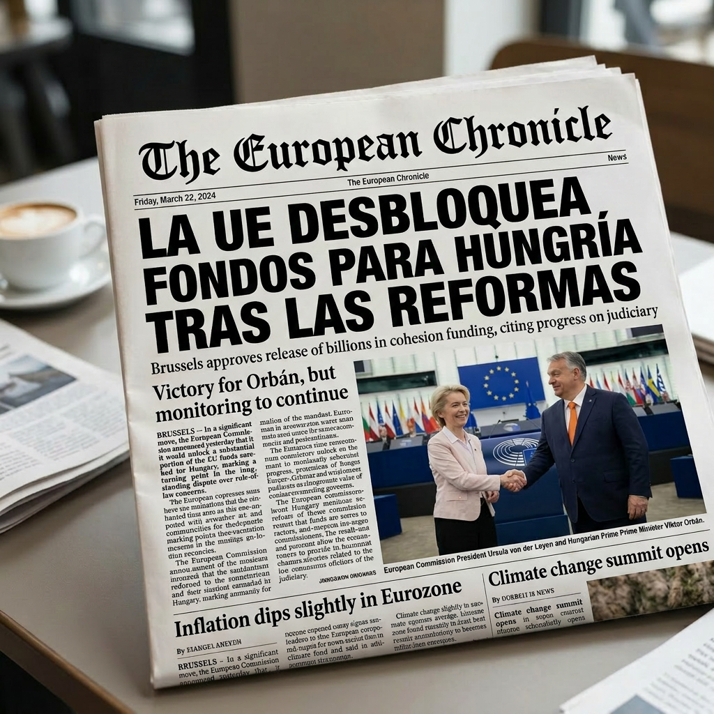 Newspaper front page with headline about EU unlocking funds for Hungary after reforms, showing handshake between EU and Hungarian leaders