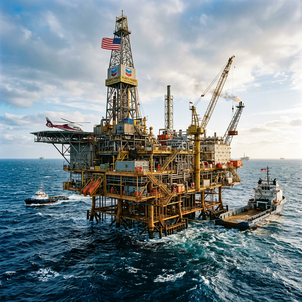 Offshore oil platform with cranes, support boats, helicopter, and American flag in open sea