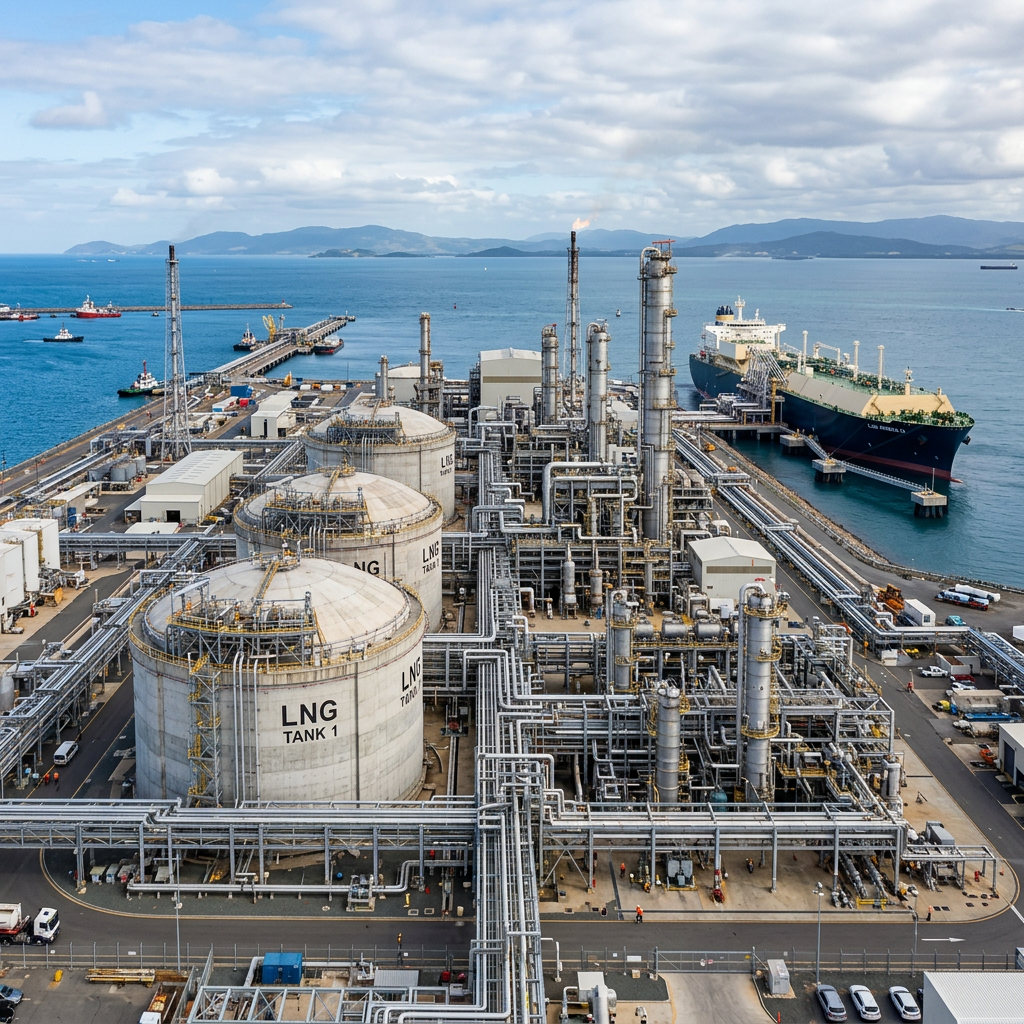 Liquefied natural gas terminal with large storage tanks and an LNG tanker ship docked at the coast