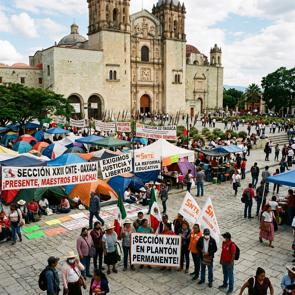 Group of teachers protesting with tents and signs in front of Oaxaca cathedral