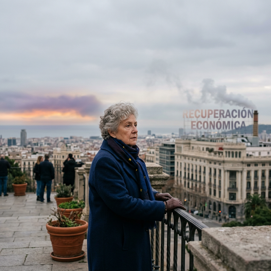 Elderly woman in a blue coat looking over city skyline with 'Recuperación Económica' sign and smoke from chimney