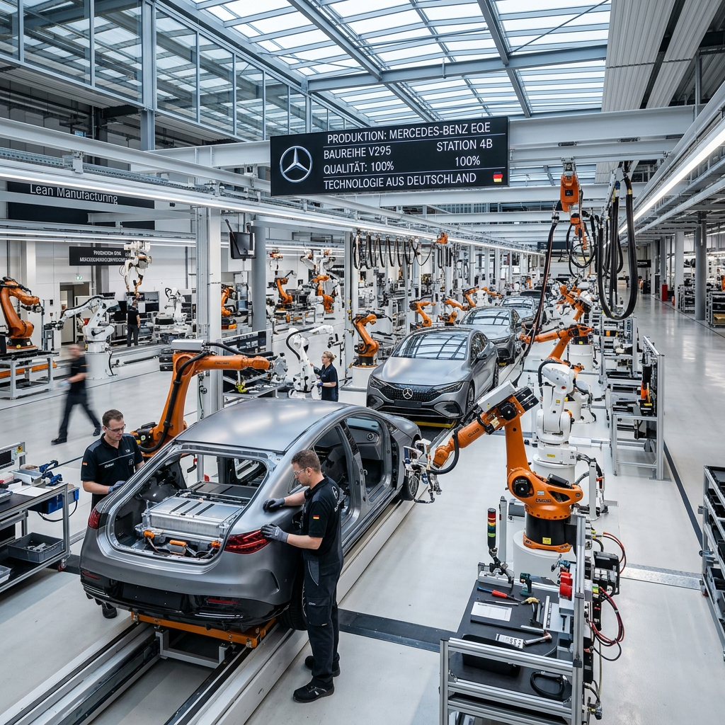Mercedes-Benz EQE electric car assembly line with robotic arms and workers