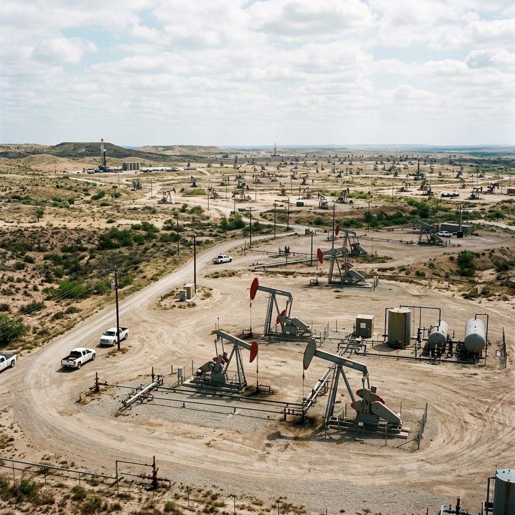 Oil pump jacks and equipment spread across a large barren landscape