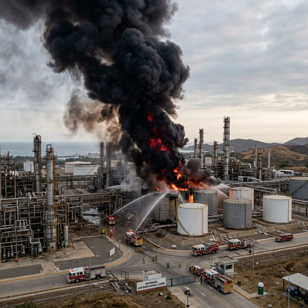 Firefighters spraying water on oil refinery tanks with large black smoke and flames