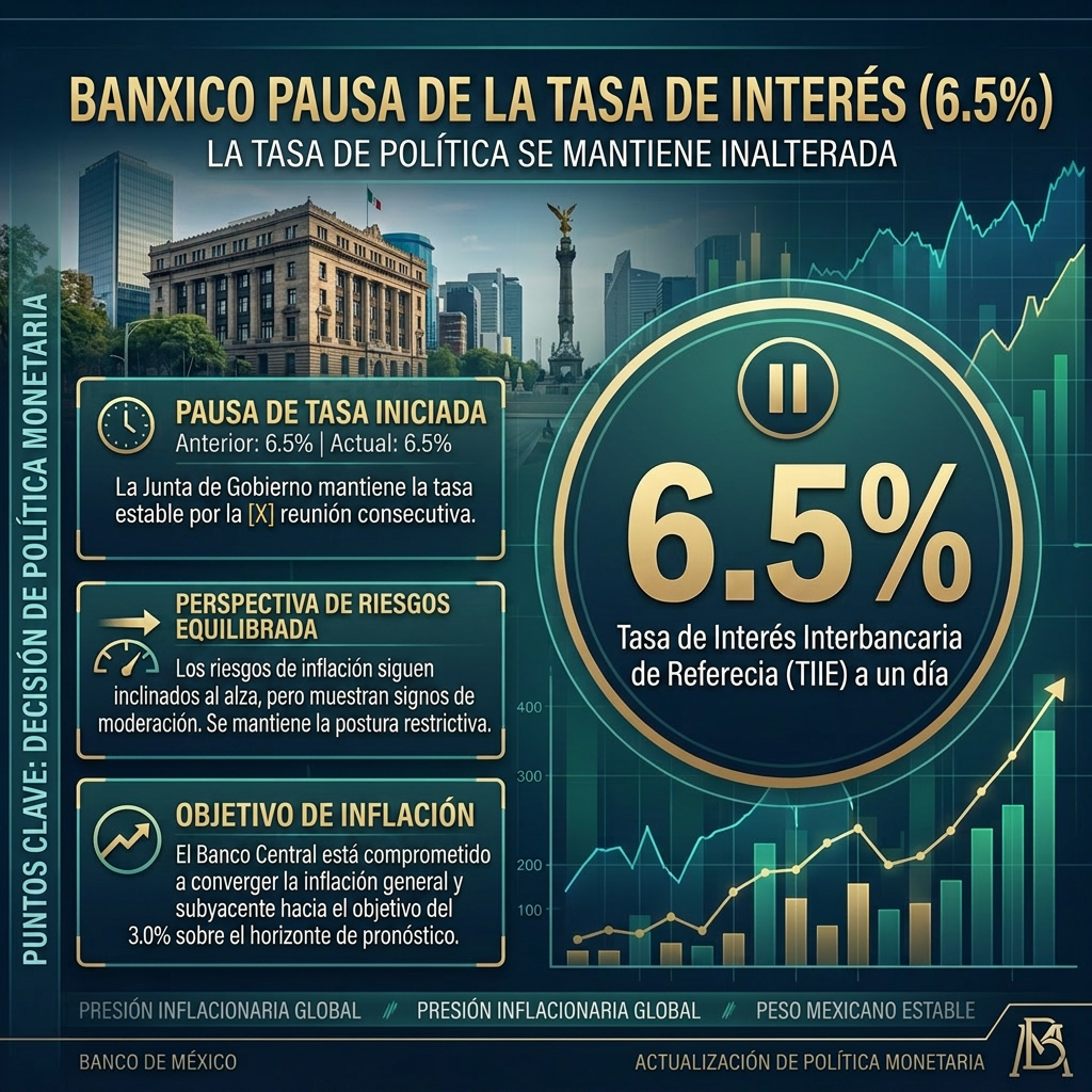 BANXICO INICIA PAUSA PROLONGADA EN TASA DE INTERÉS: LA DEJA EN 6.5 POR CIENTO.