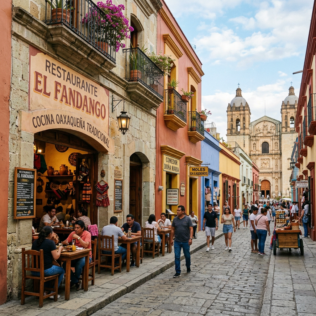 Street with outdoor dining at Restaurante El Fandango and colorful buildings with a historic church in the background
