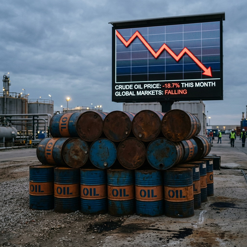 Stack of oil barrels with a digital sign showing crude oil price down 18.7% and global markets falling