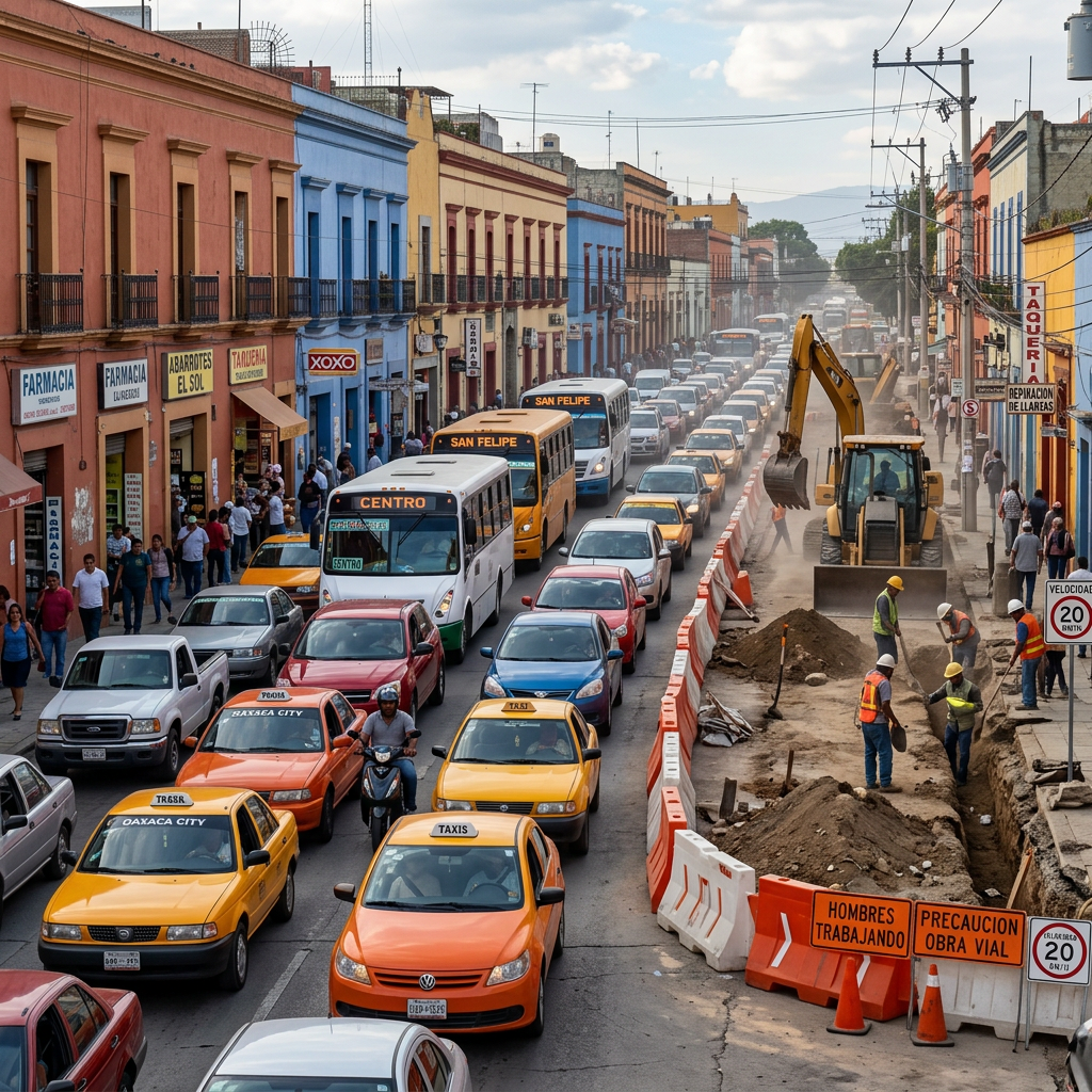 LA CAPITAL OAXAQUEÑA, ZONA DE OBRAS Y DE CAOS VIAL.