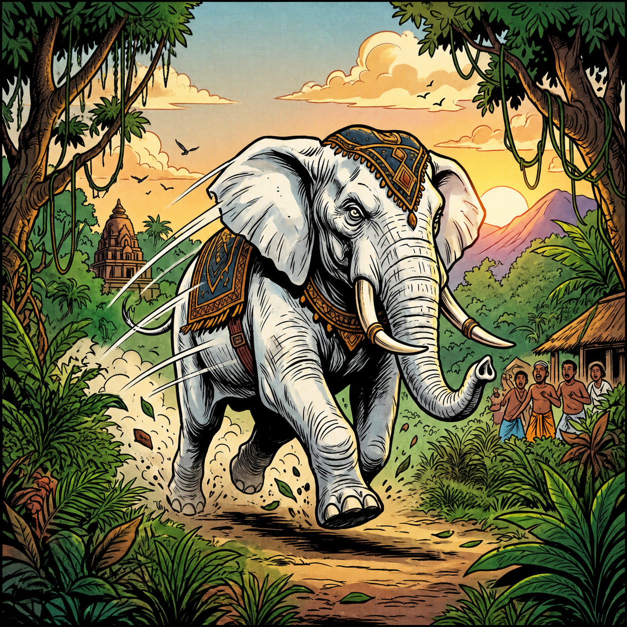 Comic panel reading “¡ELEFANTE BLANCO!!,” “POW!,” “CRASH!,” “¡BRRROOOAAAM!,” “¡EL RETORNO DE LA LEYENDA SAGRADA!,” and villagers’ speech bubbles about the white elephant’s return.