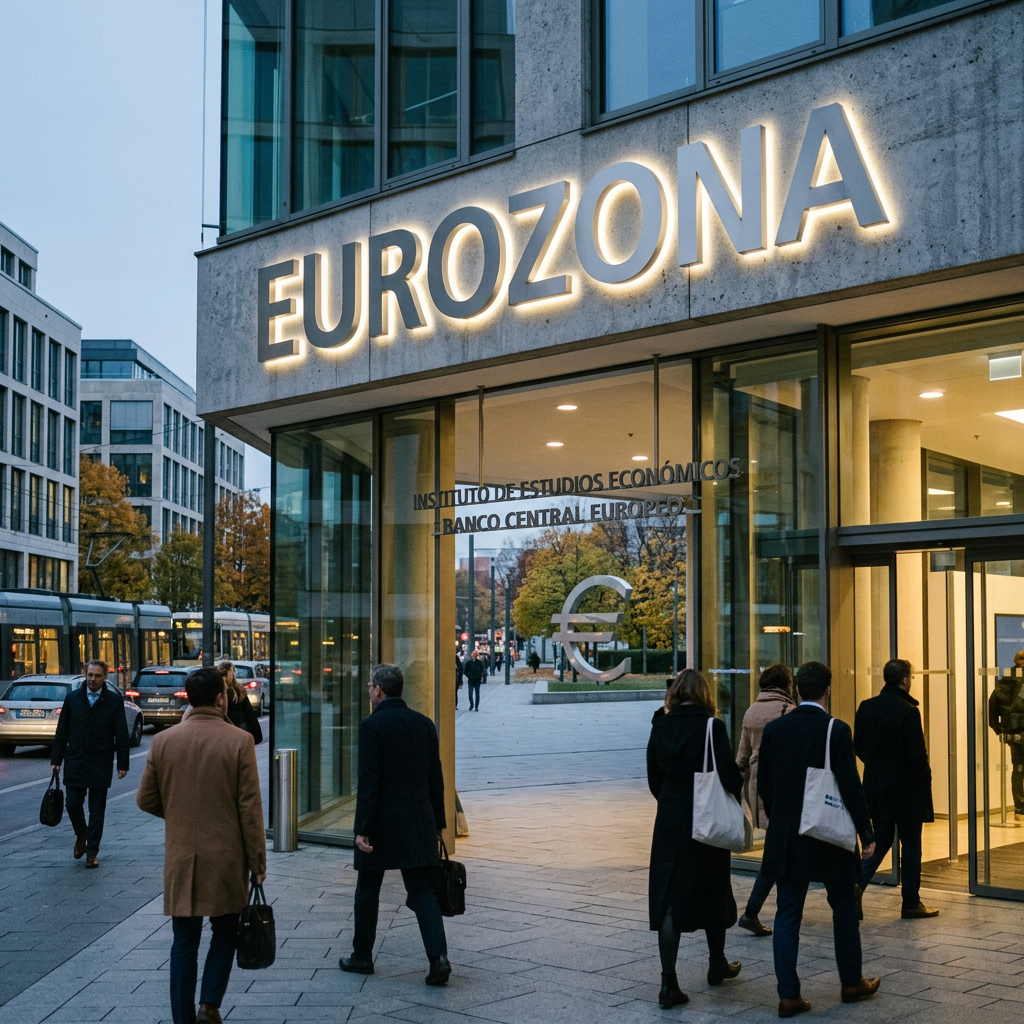 Building entrance labeled EUROZONA, INSTITUTO DE ESTUDIOS ECONÓMICOS, BANCO CENTRAL EUROPEO, with euro symbol