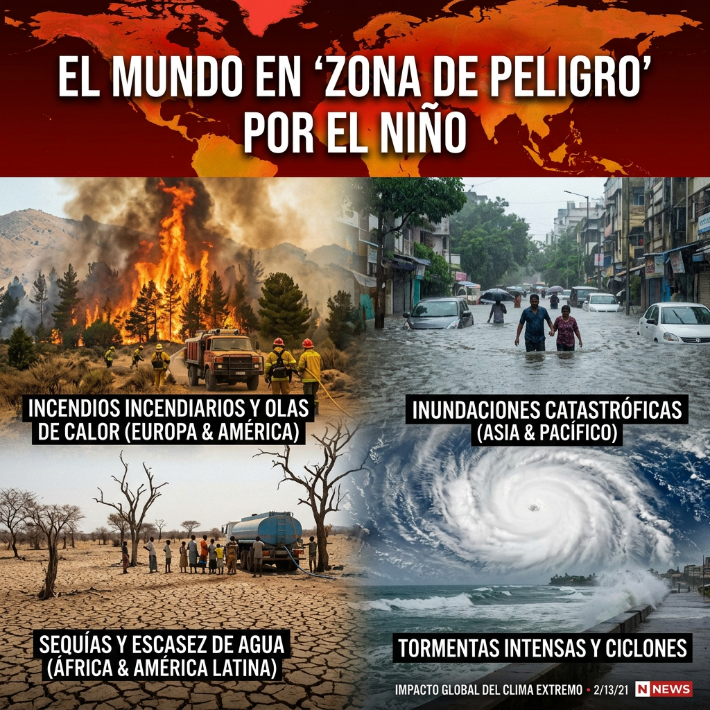 Infographic titled El mundo en zona de peligro por El Niño, showing fires, floods, drought, and cyclones
