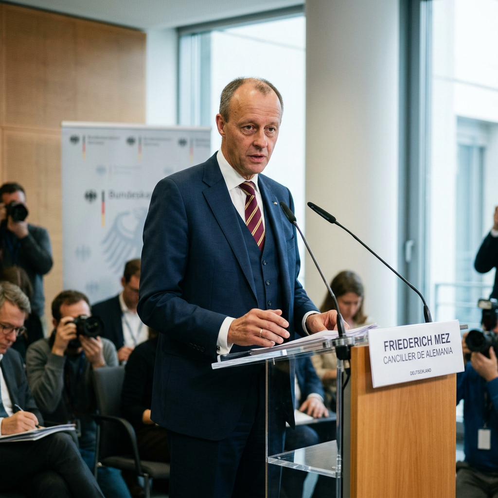 Friedrich Merz speaking at a lectern labeled Chancellor of Germany