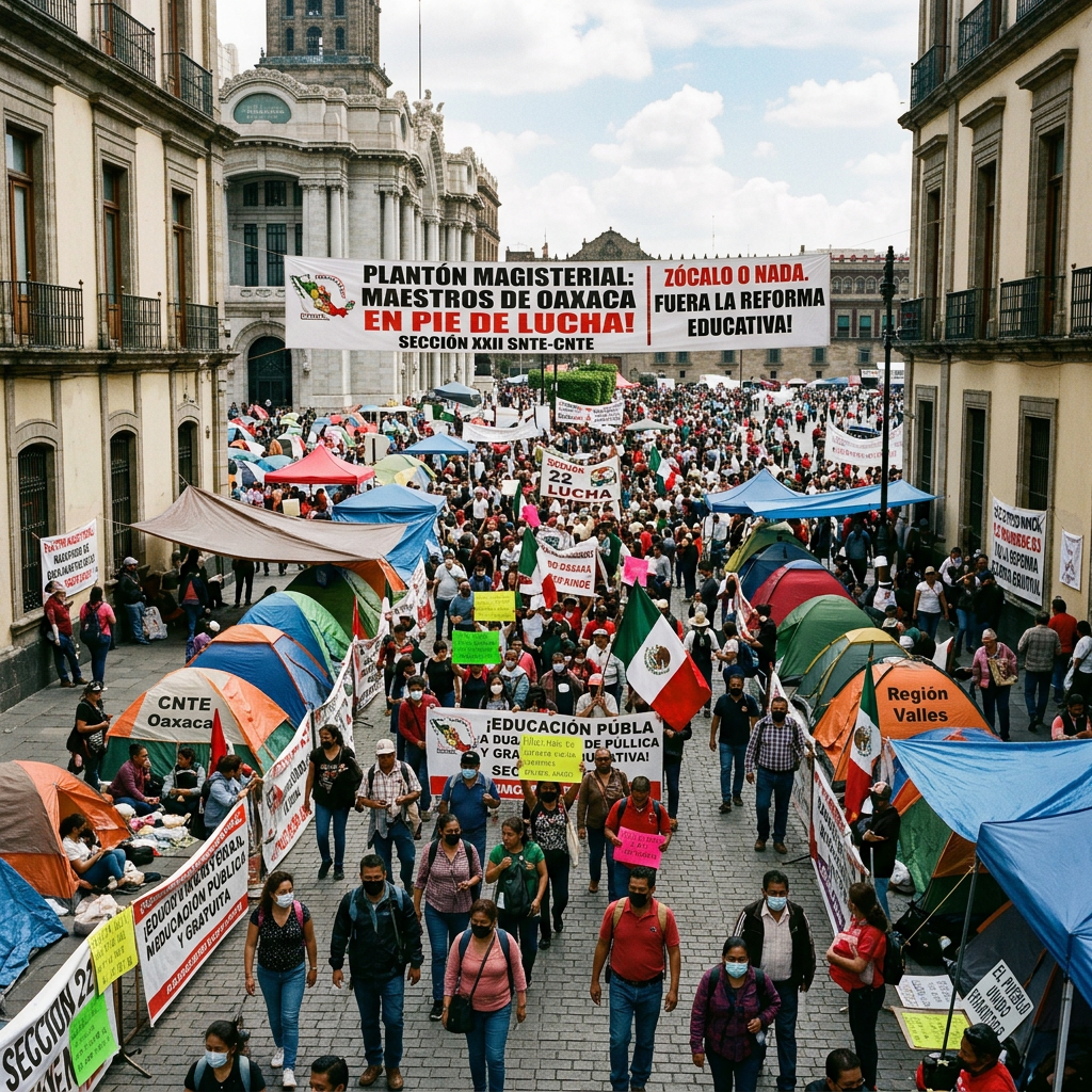 Crowded Oaxaca protest camp beneath banner reading “Plantón magisterial: maestros de Oaxaca en pie de lucha.”