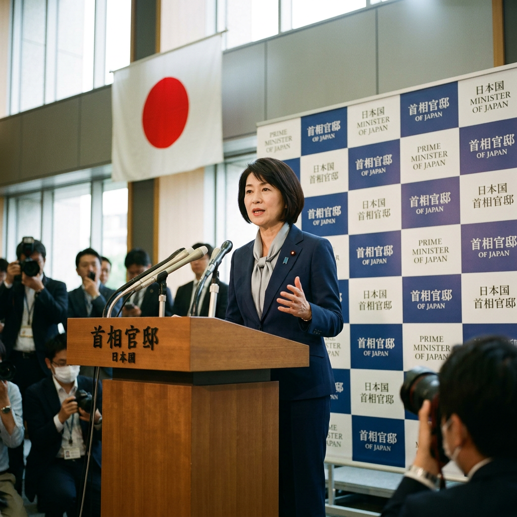 Japanese government official speaking at a podium during a press briefing