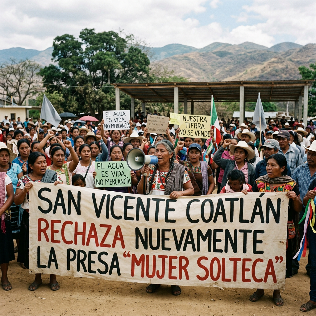 Indigenous community protest with signs reading “San Vicente Coatlán rechaza nuevamente la presa Mujer Solteca,” “El agua es vida, no mercancía,” and “Nuestra tierra no se vende.”
