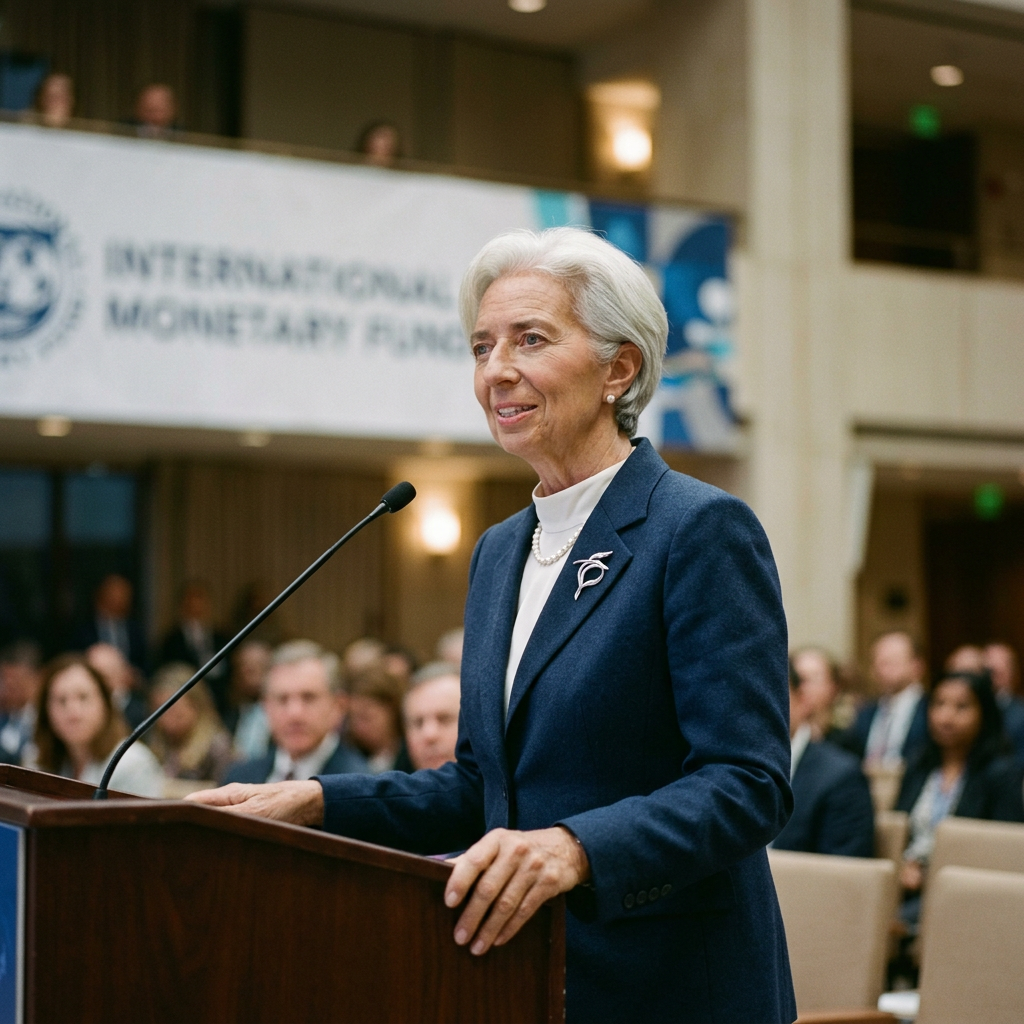Woman speaking at a podium during an International Monetary Fund event