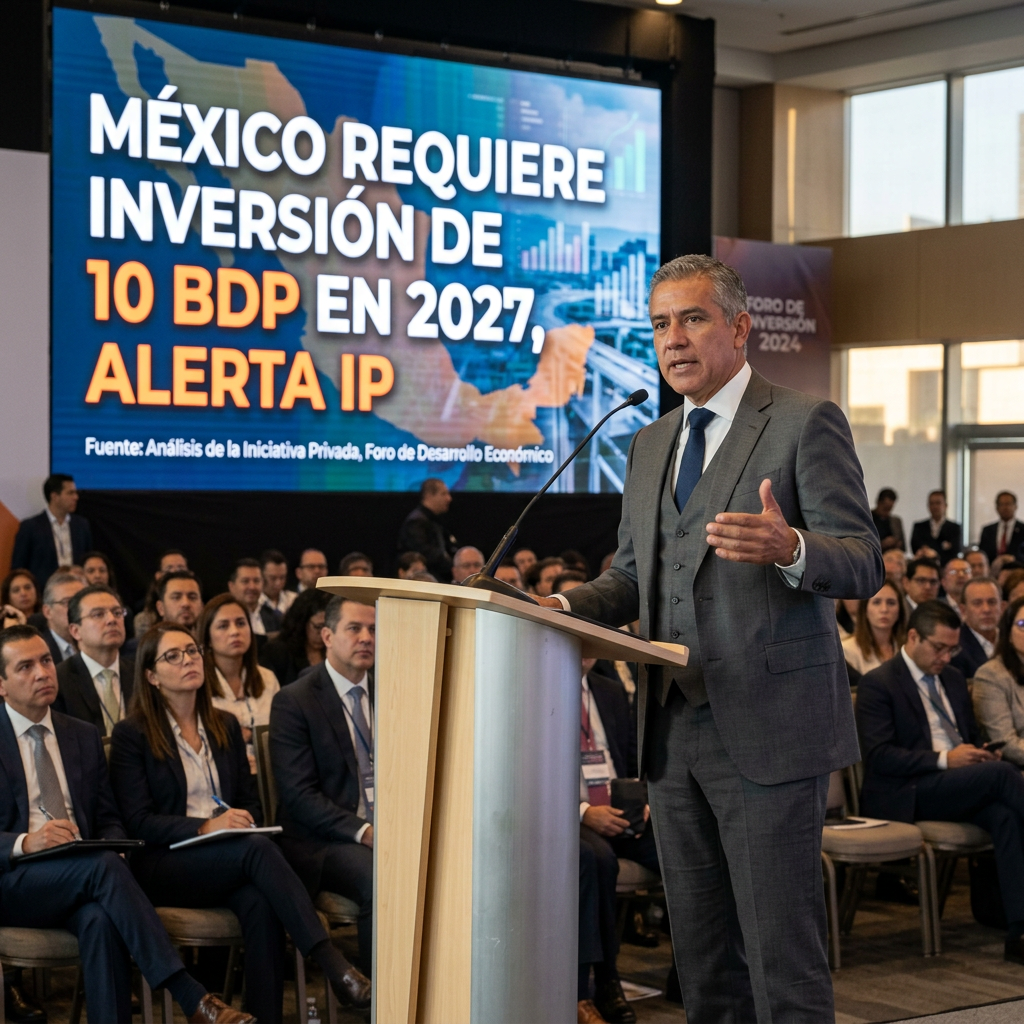 Speaker at podium before screen reading “MÉXICO REQUIERE INVERSIÓN DE 10 BDP EN 2027, ALERTA IP” and “Fuente: Análisis de la Iniciativa Privada, Foro de Desarrollo Económico”; background reads “FORO DE INVERSIÓN 2024.”